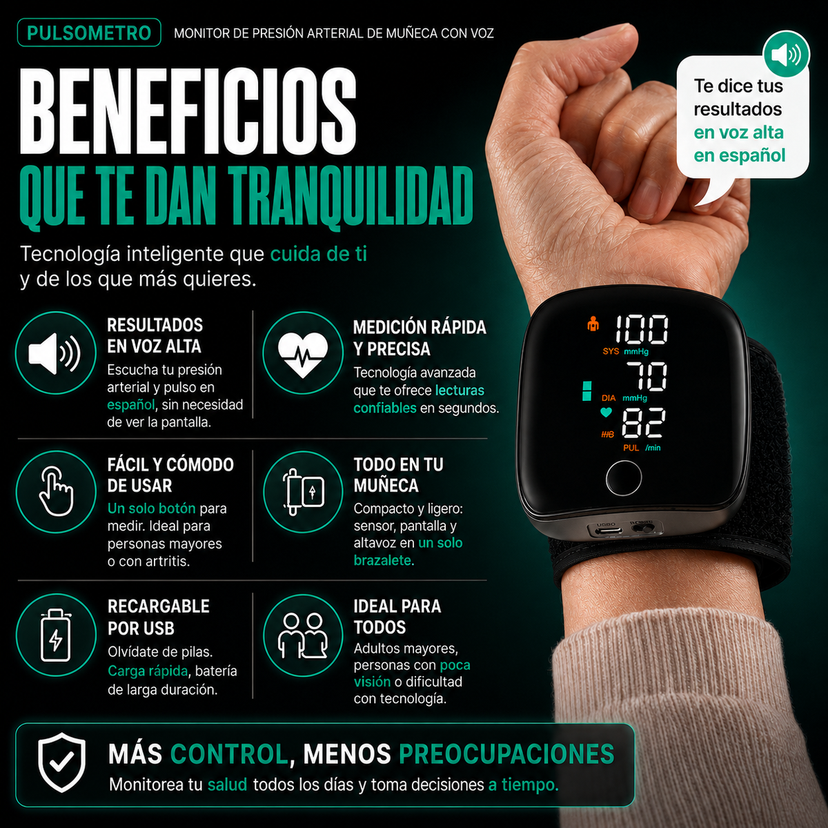 💫 PULSOMETRO-Monitor de Presión Arterial de Muñeca con Voz ⭐️