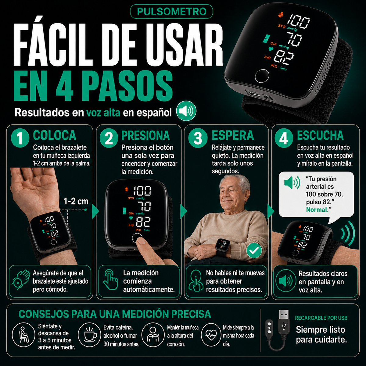 💫 PULSOMETRO-Monitor de Presión Arterial de Muñeca con Voz ⭐️